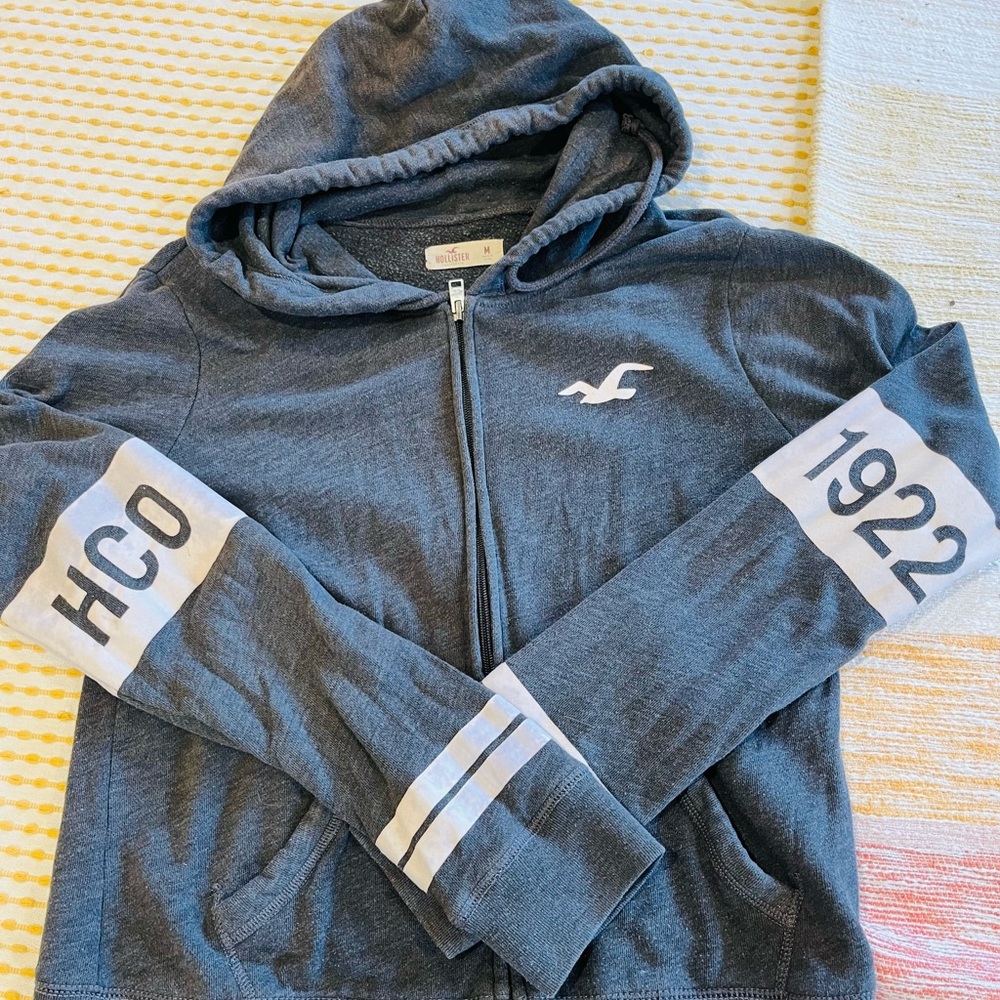 Hollister Gray and White Zip-Up Hoodie Jacket